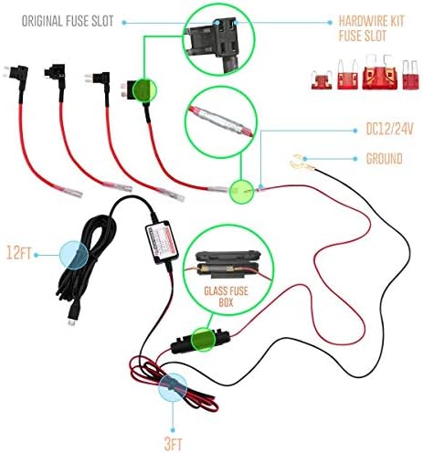 15ft Micro USB & MINI USB Dash Cam & Tip-C Hardwire Kit w. Mini / LP Mini / ATO / Micro2 osigurač, Micro do Mini / USB-C priključni adapteri i zaštita od ispuštanja baterije