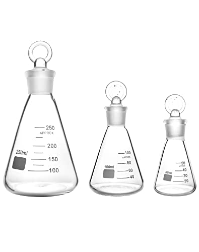 QWORK Glass Erlenmeyer Set tikvica, 3 pakovanja graduirano borosilikatno staklo Erlenmeyer konusna tikvica sa staklenim čepom za laboratoriju, eksperiment, hemiju