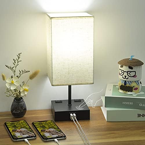 Cotanic 3-smerna noćna lampa sa mogućnošću zatamnjivanja na dodir, stolna lampa za spavaću sobu,2 USB porta za punjenje,2 Ac utičnice,Kvadra tkanina abažur,dekorativna lampa za noćni ormarić,5000k Daylight E26 LED sijalica uključena