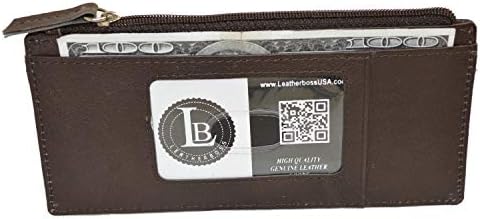 Leatherboss prava koža ženska sve u jednoj kreditnoj vizitkarti držač futrole s tankim patentnim zatvaračem novčanik