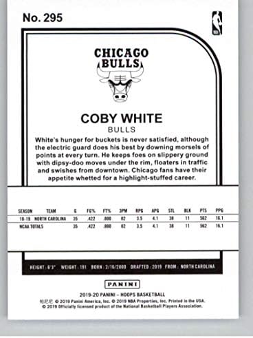 2019-20 Panini Hoops 295 Coby White Chicago Bulls Rc Rookie NBA košarkaška kartica