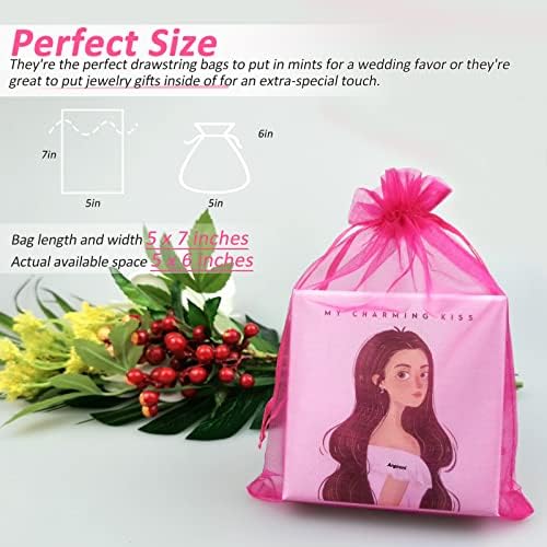 Angooni Hot Pink Orclaza Sheer poklon torbe, 100pcs Premium Tulle vučne torbe za nakit za zabavu