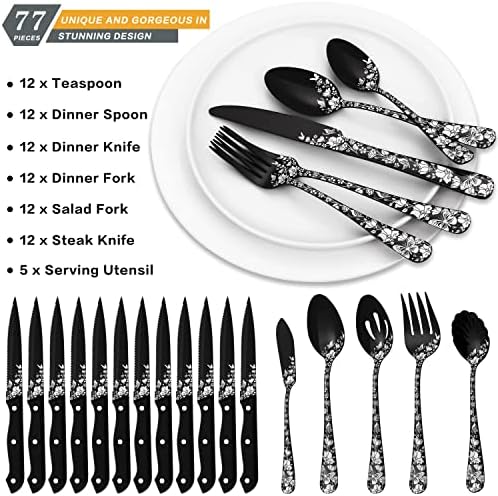Set Crnog srebrnog posuđa od 77 komada za 12, Plus nož za odreske & Set za serviranje, Stapava Set pribora za