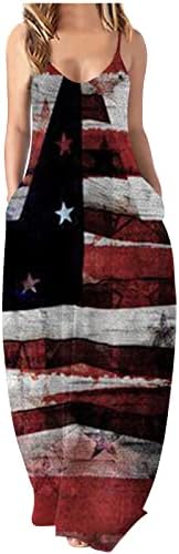 Dan nezavisnosti duge haljine za žene seksi Maksi džepna haljina s V izrezom bez rukava američka zastava Print Casual sarafan