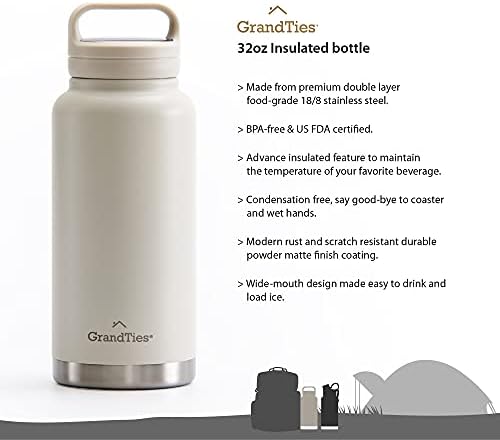 GrandTies 2 poklopci Sportska boca za vodu od nerđajućeg čelika– 32oz, vakum izolovane flaše za vodu sa širokim