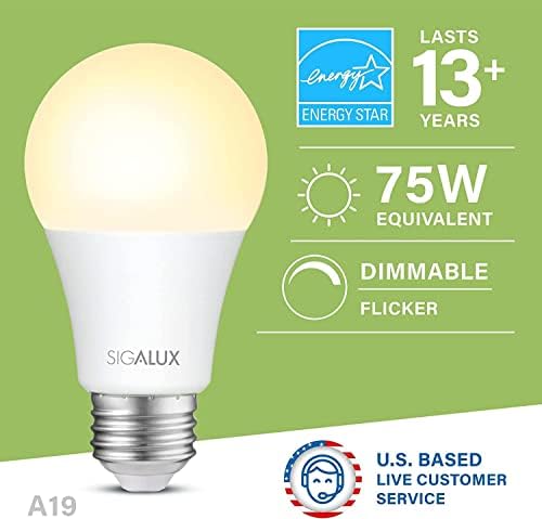 Sigalux A19 LED sijalica Energy Star certificirana, 75 W ekvivalentna LED sijalica sa mogućnošću zatamnjivanja, 11.5 W 1100lm meka Bijela 2700k, E26 standardne sijalice, ul navedene, 2 Pakovanje