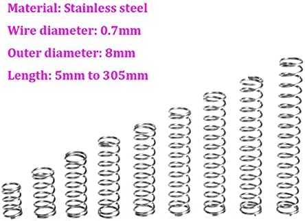 Kompresioni opruge pogodni su za većinu popravke i promjera žica 0,7 mm od nehrđajućeg čelika Spring Vanjski promjer 8 mm tlačna opruga dužina 5mm-305mm
