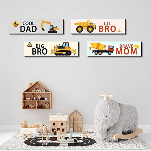 4 komada Građevinski kamioni Dekor drvene viseće zidne ploče, zidna umjetnost Inspirationi citati, dječački bageri