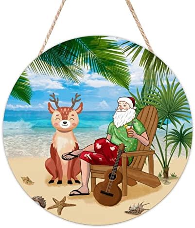 Cheyan Drveni znak Santa Claus na plaži Wood Natpiši za ukrašavanje ulaznim vratima Palm Tree Viseći seoski