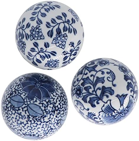 Set od 3 plavog i bijelog porculana ukrasni kuglice Keramičke sfere za zdjelu središta, nosač ili košarice promjera