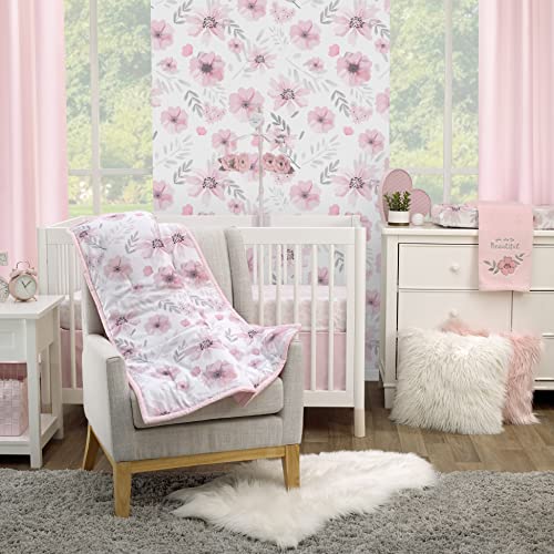 Nojo Little Love Lijepe Cvjetovi ružičasti, bijeli i sivi cvjetni set za posteljinu od 3 komada - Komfornik, opremljeni lim za krevetić i krevetić