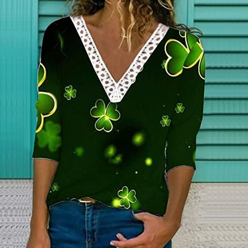 St. Patricks Danska majica Ženska čipka V-izrez dugih rukava majica slatka irska shamrock bluza labava