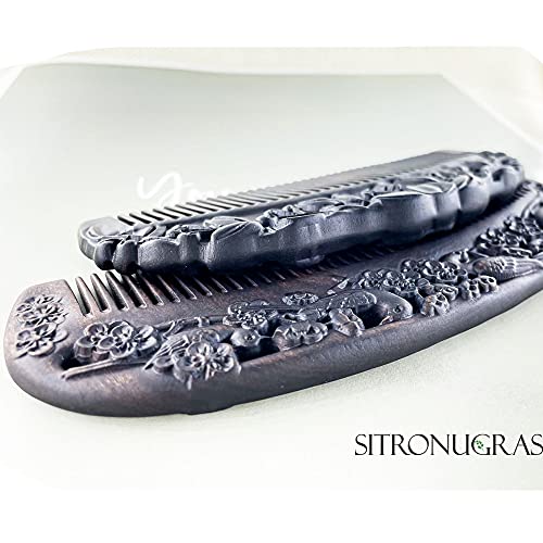 SITRONUGRAS Ebony Wood češalj - rezbareni Craft Prirodni crni sandalovo drvo za kosu za žene - nema statičkog češalja za zube sa poklon kutijom