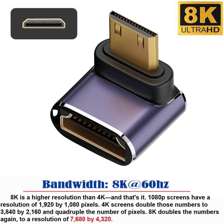 Xiwai 8K dolje Kutni mini HDMI muški do HDMI 2.1 Ženski UHD ekstenzije Zlatni pretvarač Adapter za pretvarač 8K 60Hz HDTV