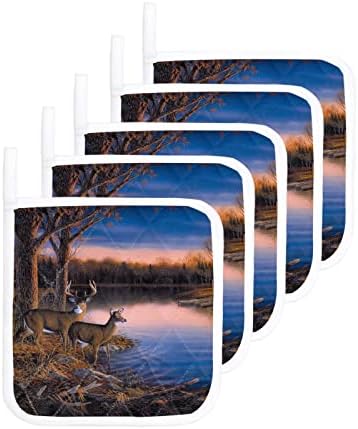 5 pakovanja nosača za kuhinje vruće jastučiće sa visećim petljima priroda divljim životinjama životinjska jelena šumska riječna zalazak sunca Pothilder za kuhanje i pečenje