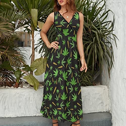 Marihuana Weed ženske haljine bez rukava Casual V-izrez Maxi duga haljina rezervoar haljina sarafan