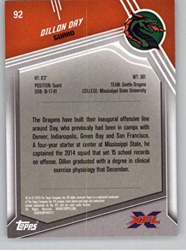 2020 TOPPS XFL 92 Dillon Day RC Rookie Seattle Dragons Football Trading Card
