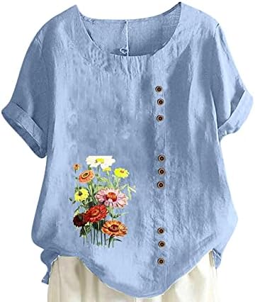 Ženska daisy cvjetni grafički grafički vrhovi brodski vrat posteljina bluza t majica s kratkim rukavima dorušeni gumb dolje