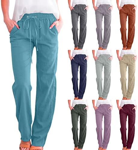 Fedulkstore Žene Ležerne prilike posteljine visokog struka ravne noge duge hlače sa dnevnim boravkom za izvlačenje elastičnih pantalona