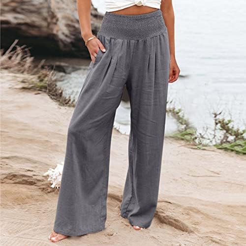 Posteljine široke pantalone za žene za žene čiste boje elastične ruširane visoke struk široke noge sa džepovima