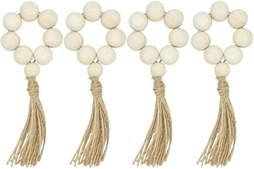 Ganfanren 6 Drvene perle prstenovi za salvete Jute Tasseli Držači salveta za zemlju za oblaganje trpezarijski stol dekorati