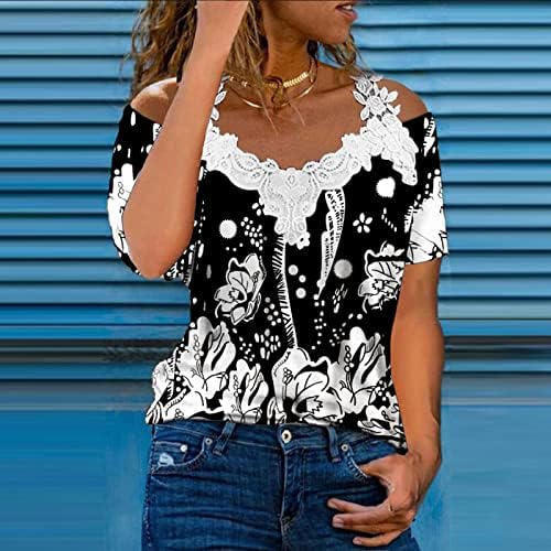 Hladni vrhovi ramena za žene, elegantna Casual čipkasta bluza sa remenima kratki rukav ljetna majica sa cvjetnim V izrezom tunike