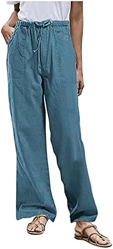 Ženske posteljine hlače Ljeto Visoko struk pune boje labave raširene hlače na širokim nogama casual plaže joga hlače s džepovima