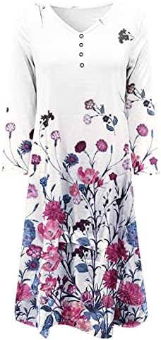 Zervoba Ljetne haljine za žene Boho Maxi haljine cvjetni gumb V izrez 3/4 rukava duga haljina labavi fit ruffle hem sundress