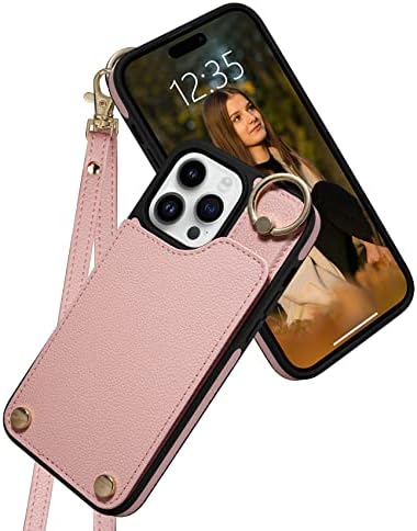 Rssviss za iPhone 14 Pro Max Case Wallet Crossbody, šljunčana kožna preklopna futrola sa utorima za kartice, nosač prstena, zaštitni poklopac za blokiranje RFID dizajniran za iPhone 14 Pro Max 6.7 inch Pink