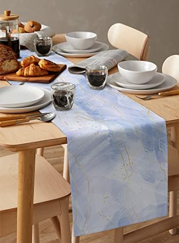 Trčanje stola, svijetlo plava mramorna tekstura sa zlatnom linijom za trpezariju, kuhinju, dnevni