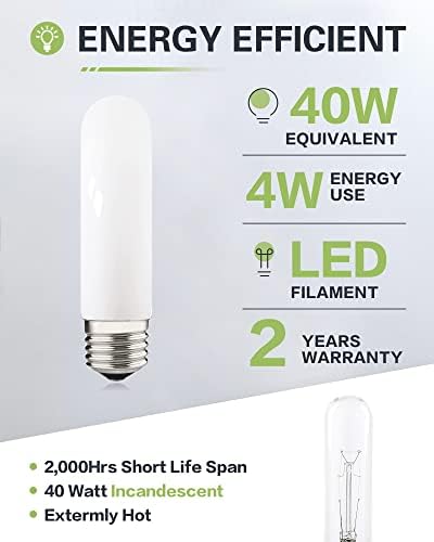 40W ekvivalentna T10 LED sijalica, poklopac dubokog mat stakla zatamnjiv T30 nevidljiva filament Edison sijalica, Daylight White 5000K, 4 Watt E26 Base Milky cijev LED sijalice za ormar za lustere, 4 pakovanja