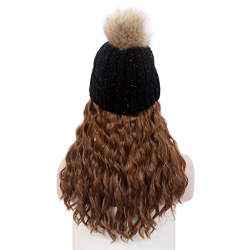 N / A modni ženski šešir za kosu crna pletena kapa perika duga kovrčava smeđa perika i šešir
