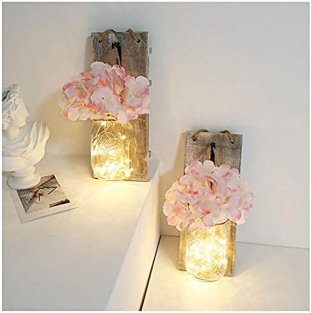 Maotopcom Romantic Mason Jar sconce sa daljinskim upravljačem zidni dekor set od 2, sa toplim bijelim LED bajkama i ružičastom umjetnom hidratnom cvijetu, siva masonska jar svjetlosna rasvjeta
