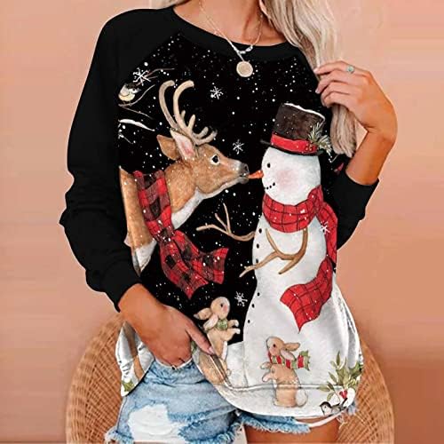 Holiday Božićna odjeća za tinejdžersku manžetnu čamcu s dugim rukavima vrat opušteno fit sorterski duks žene žene 6V