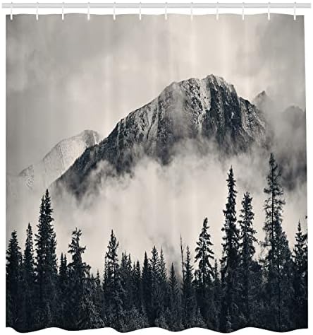 Zavjese za tuš kabine AMEMESONNE, kanadska Smokey Mountain Cliff na otvorenom Idilična scena Foto umjetnička djela, tkanina od tkanine Kupatilo Dekor sa kukama, 69 Š x 70 L, crno bijelo