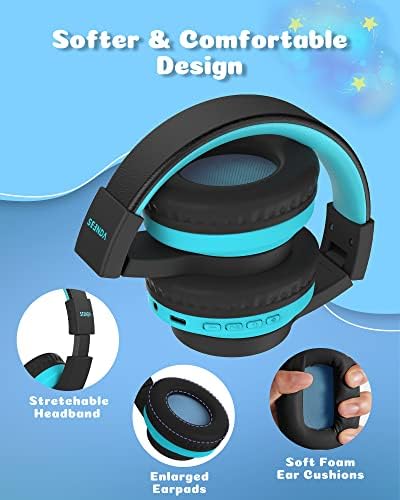 Seenda Kids Bluetooth slušalice, šarene bežične slušalice preko ušiju sa ograničenim volumenom od 85dB/94dB, 45h vrijeme reprodukcije, 3 načina osvjetljenja, ugrađene mikrofonske slušalice za dječake i djevojčice iPad Tablet School Blue