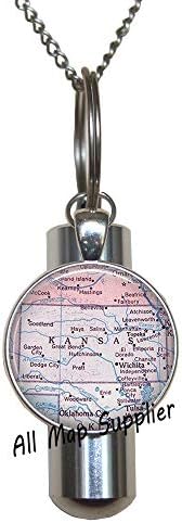AllMappplier Modna kremacija urna ogrlica, Kansas Map urn, karta Nakit, Nakit nakit Kansas Karta