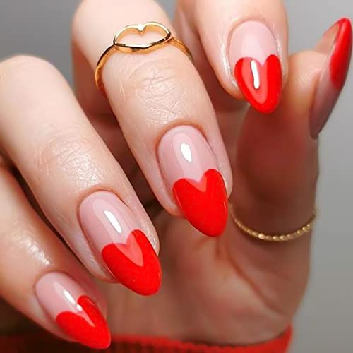 QINGGE Crvena presa na noktima kratki okrugli lažni nokti sa srcem dizajn francuski vrh ljepilo na akrilnim noktima sjajni štap na noktima slatka ljubav lažni nokti za žene i djevojke