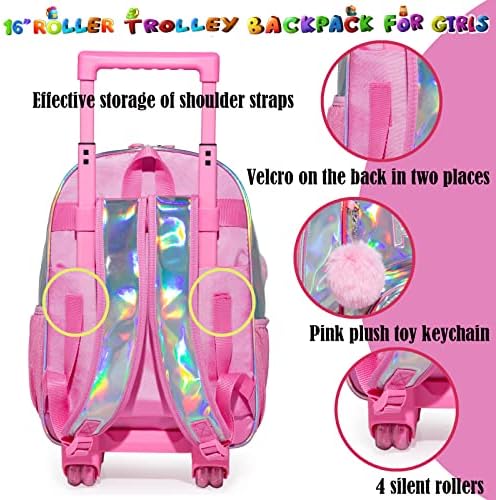 Egchescebo deca vole Rolling Roller ruksak za devojčice devojčice deca deca koferi prtljaga kutija za ručak sa točkovima školske torbe 16 3kom dečiji ruksak na točkovima Pink svetla kolica