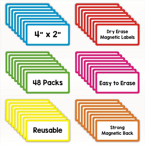 IMAGAME 48 pakovanje magnetnih naljepnica za suho brisanje - magnetne prazne kartice s obrubom boja, magnetne oznake s imenima za višekratnu upotrebu - naljepnice za suho brisanje za dom, ured, učionicu - 2 x 4 inča