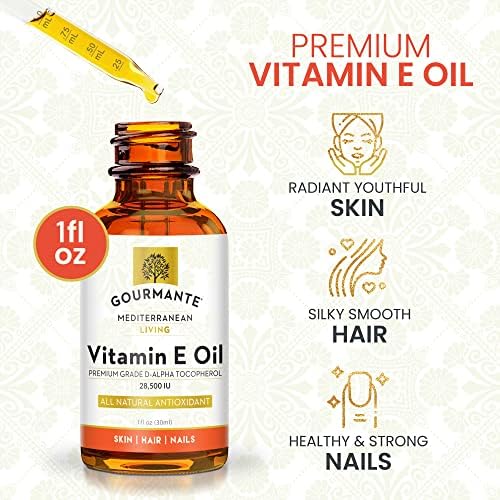 GOURMANTE prirodno ulje vitamina E za zdravlje kože, kose i noktiju, vrhunsko ulje vitamina E sa hranljivim d-alfa tokoferolom 28,500 IU, bez GMO i parabena, 1 Fl oz / 30 ml