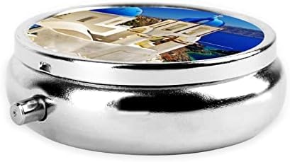 Santorini kutija za pilule s pogledom na more s grčkog ostrva, okrugla kutija za pilule, metalna
