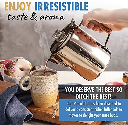 Eurolux Percolator za kavu za kafu - 12 šoljica | Izdržljiv materijal od nehrđajućeg čelika | Pivava kafa zapaljena, roštilj ili stovtop | Nema struje, nema lošeg plastičnog ukusa | Idealno za dom, kampiranje i putovanja